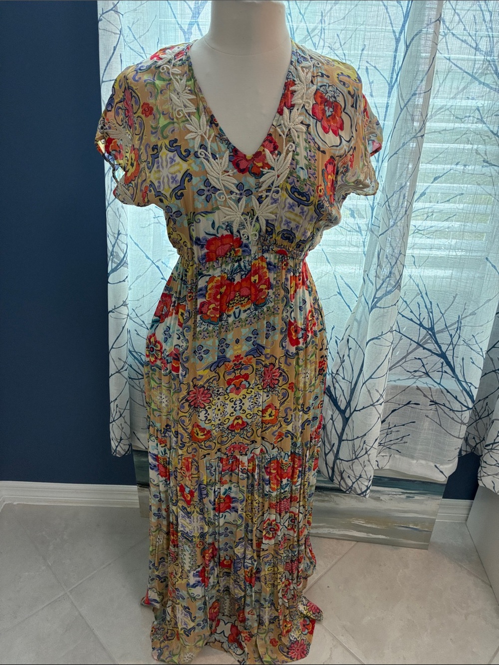 Karyn Seo Boho Floral Maxi Dress with Lace Trim - Yellow Red